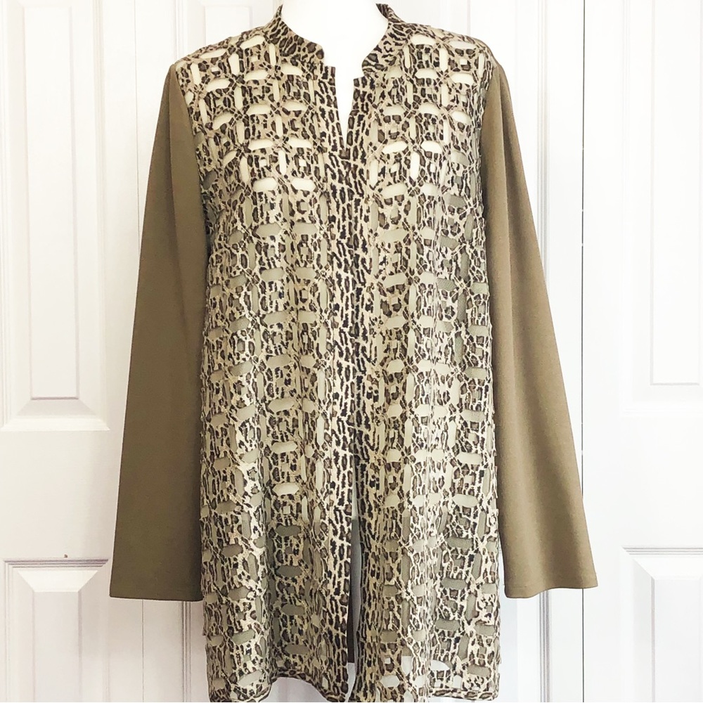 Chico's Tan Leopard Print Sheer Mesh Front Ponte Knit Jacket Large